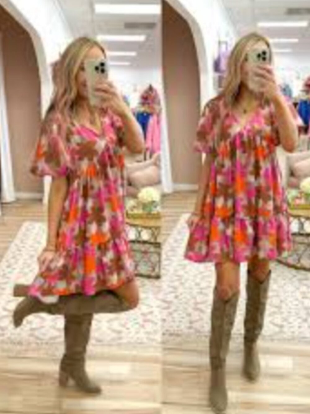 Peach Love Vibrant floral puff sleeve Babydoll dress size S
